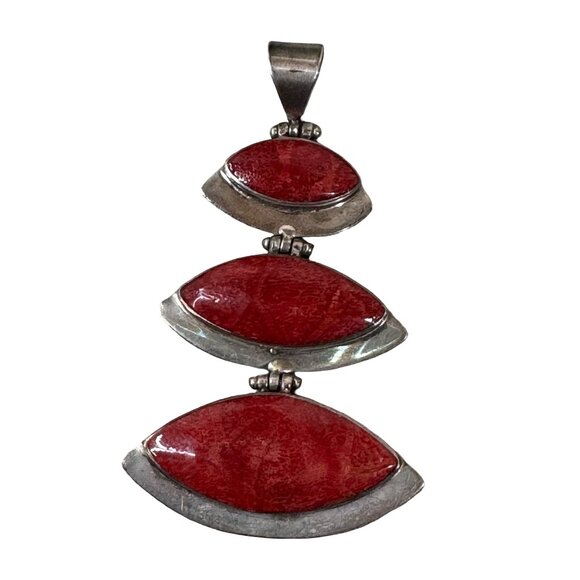 Vintage Jewelry - Vintage Statement Pendant Triple Layer Coral Large Sterling Silver Jewelry 2"